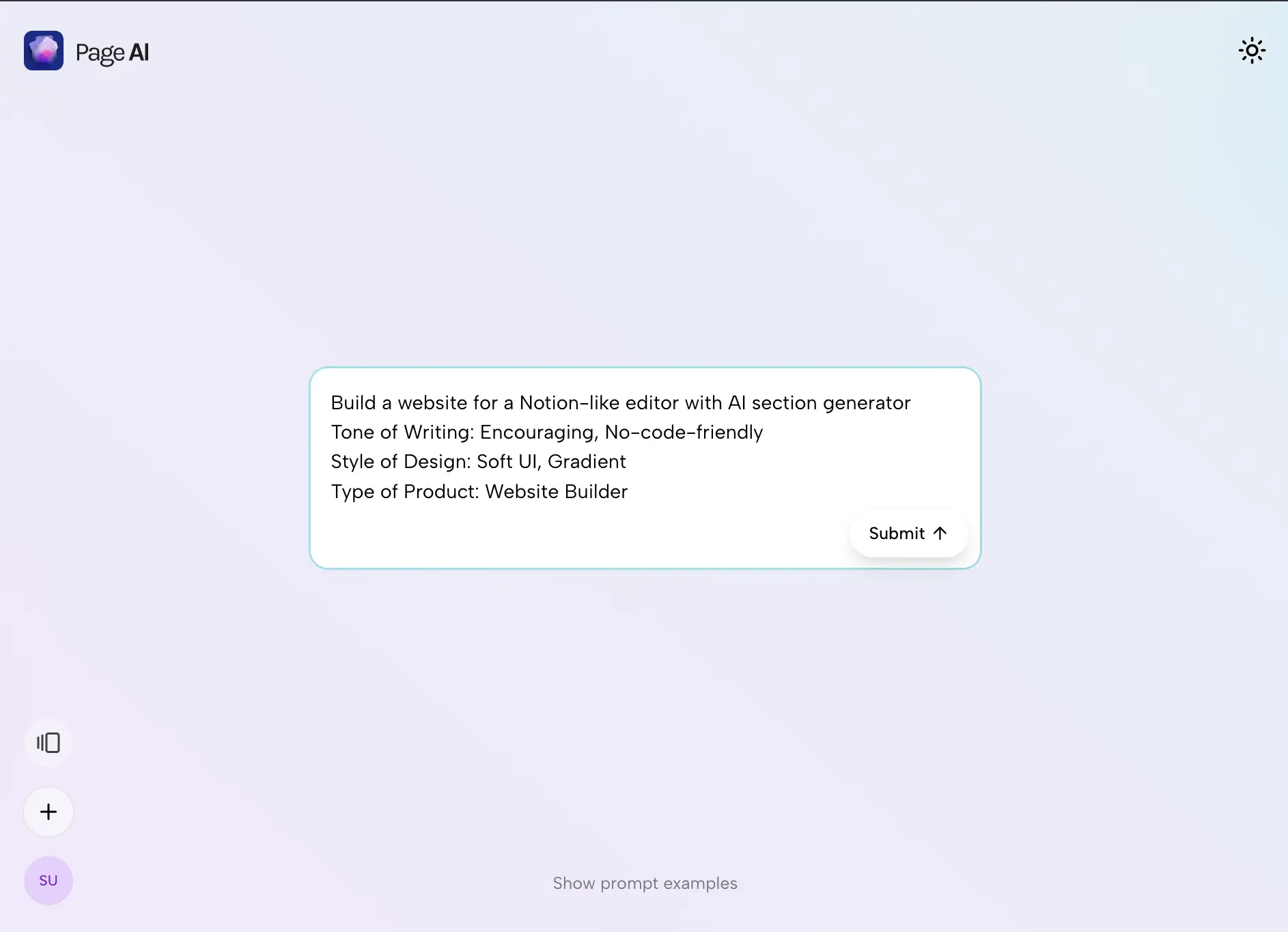 Screenshot of the Page AI dashboard - an app to create websites with AI, including design and content.